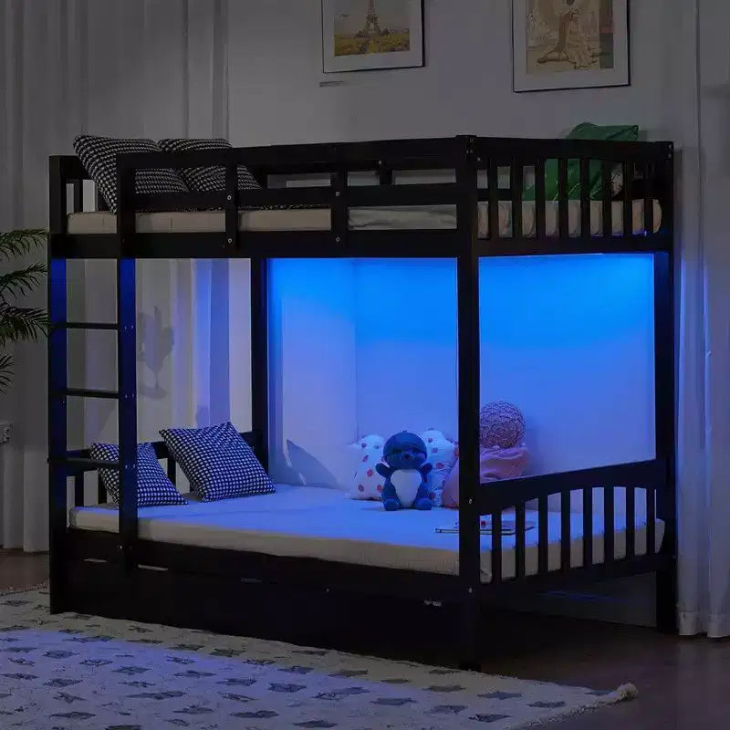 Lit superposé jumeau en bois massif noir Karl Home avec station de charge, LED RVB, 2 tiroirs, barrière de sécurité et échelles, convertible en 2 lits séparés