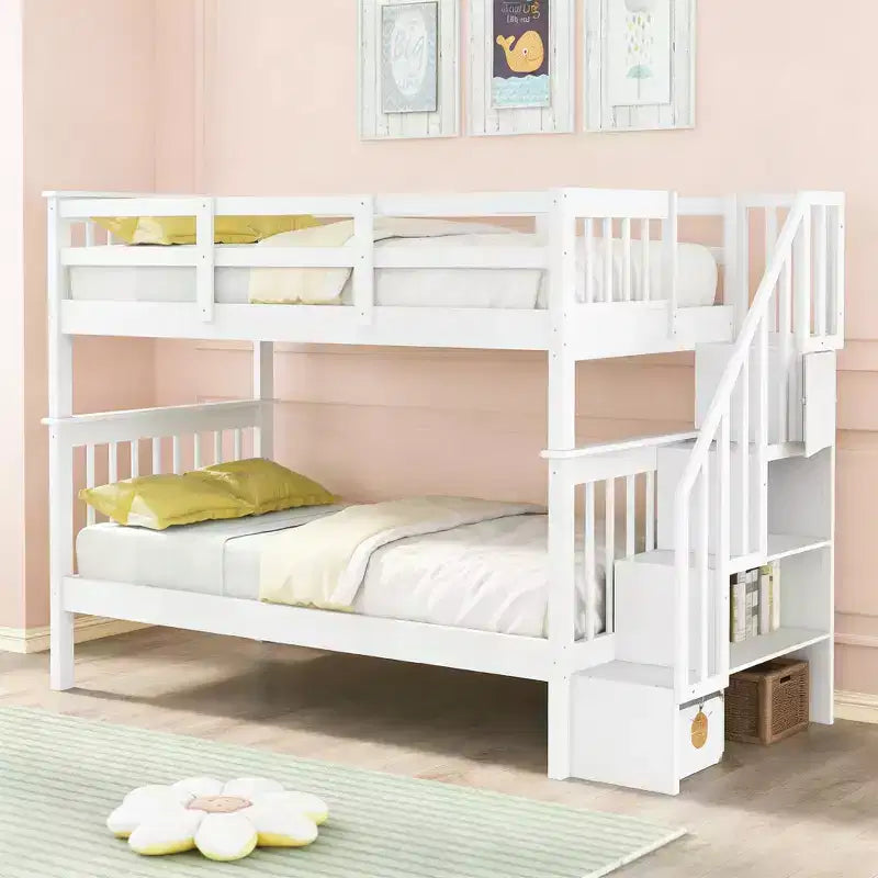 Lit superposé jumeau sur jumeau Luxystar avec escalier de rangement et clôture pour appartement et dortoir