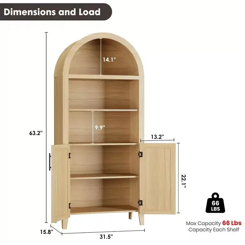 Bibliothèque arquée avec portes et panneaux en rotin, meuble de rangement à 5 niveaux avec étagère réglable pour salon ou bureau
