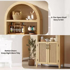 Bibliothèque arquée avec portes et panneaux en rotin, meuble de rangement à 5 niveaux avec étagère réglable pour salon ou bureau