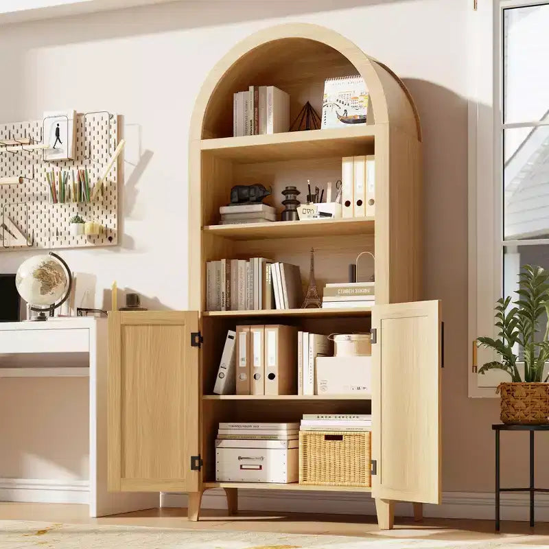 Bibliothèque arquée avec portes et panneaux en rotin, meuble de rangement à 5 niveaux avec étagère réglable pour salon ou bureau