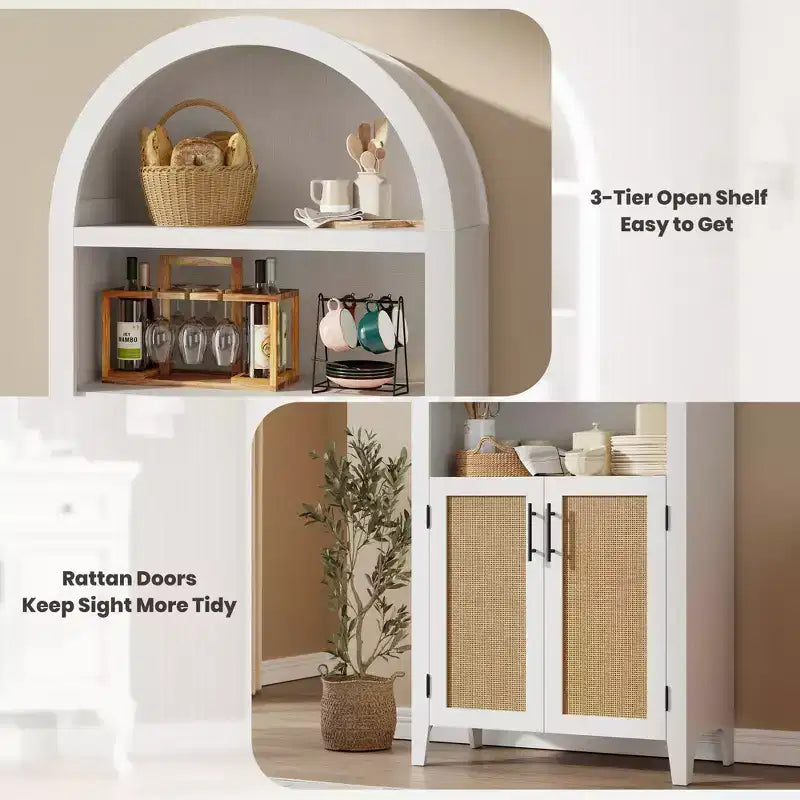 Bibliothèque arquée avec portes et panneaux en rotin, meuble de rangement à 5 niveaux avec étagère réglable pour salon ou bureau