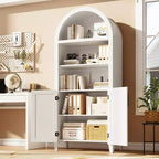 Bibliothèque arquée avec portes et panneaux en rotin, meuble de rangement à 5 niveaux avec étagère réglable pour salon ou bureau