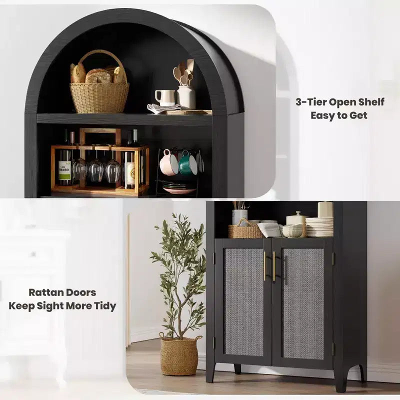 Bibliothèque arquée avec portes et panneaux en rotin, meuble de rangement à 5 niveaux avec étagère réglable pour salon ou bureau