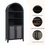Bibliothèque arquée avec portes et panneaux en rotin, meuble de rangement à 5 niveaux avec étagère réglable pour salon ou bureau