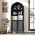 Arched Bookcase with Doors and Rattan Panels, 5 Tier Storage Cabinet with Adjustable Shelf for Living Room or Office