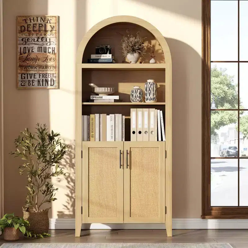 Bibliothèque arquée avec portes et panneaux en rotin, meuble de rangement à 5 niveaux avec étagère réglable pour salon ou bureau