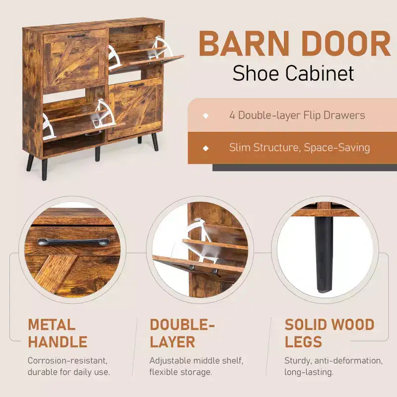 Karl Home Meuble à Chaussures à 4 Portes à abattant avec Poignées Noires, en Panneaux de Particules Mélaminés, Pieds Noirs, 105,9 cm, Bois Vieilli