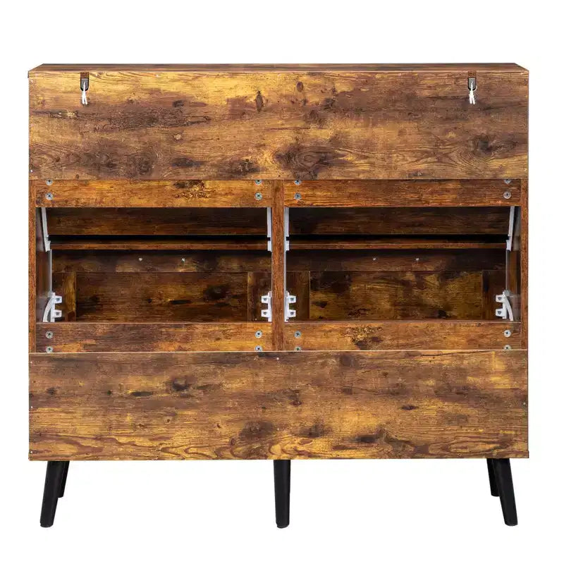 Karl Home Meuble à Chaussures à 4 Portes à abattant avec Poignées Noires, en Panneaux de Particules Mélaminés, Pieds Noirs, 105,9 cm, Bois Vieilli