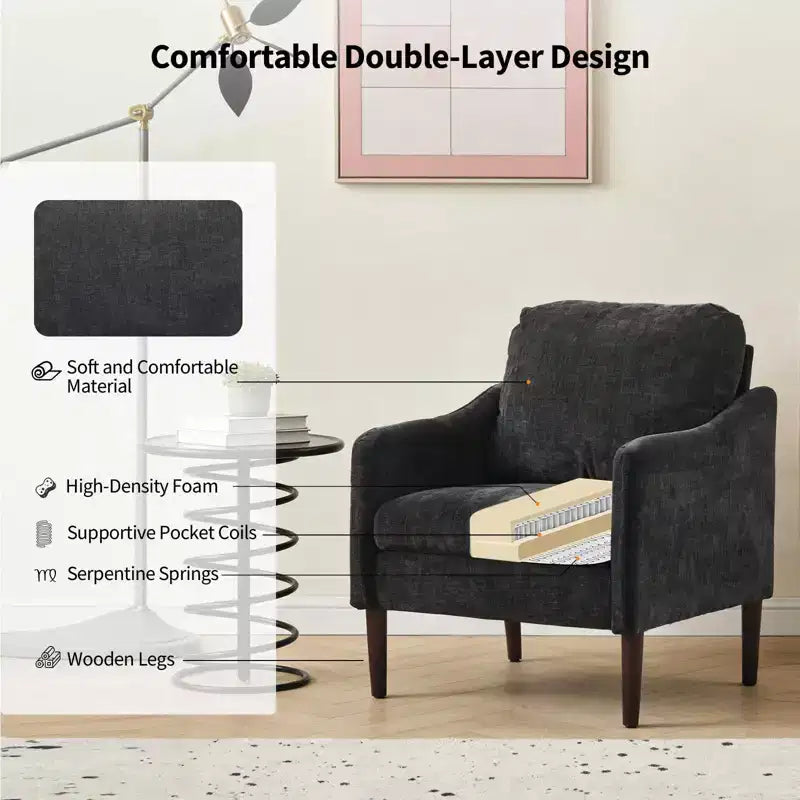 Fauteuil d'appoint en chenille de style Mid-Century Modern avec accoudoirs incurvés, fauteuil simple rembourré pour salon, chambre ou bureau