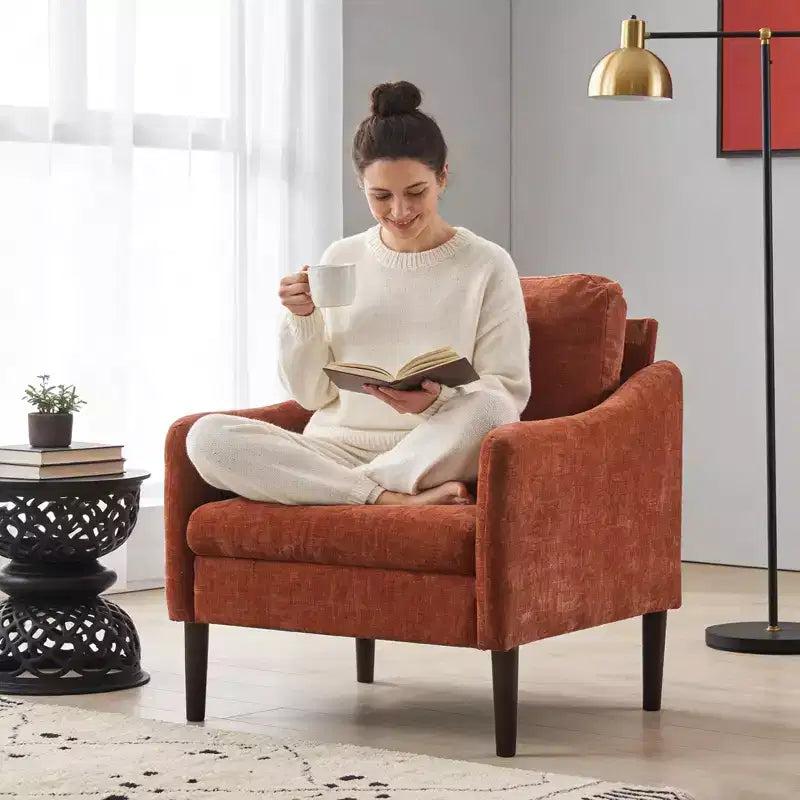Fauteuil d'appoint en chenille de style Mid-Century Modern avec accoudoirs incurvés, fauteuil simple rembourré pour salon, chambre ou bureau