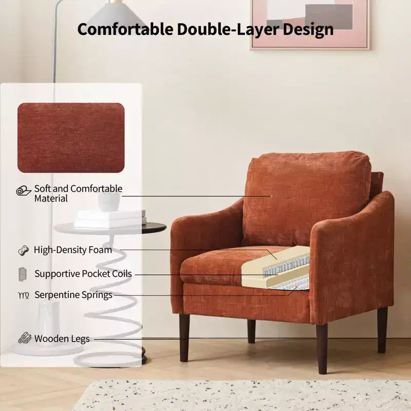 Fauteuil d'appoint en chenille de style Mid-Century Modern avec accoudoirs incurvés, fauteuil simple rembourré pour salon, chambre ou bureau