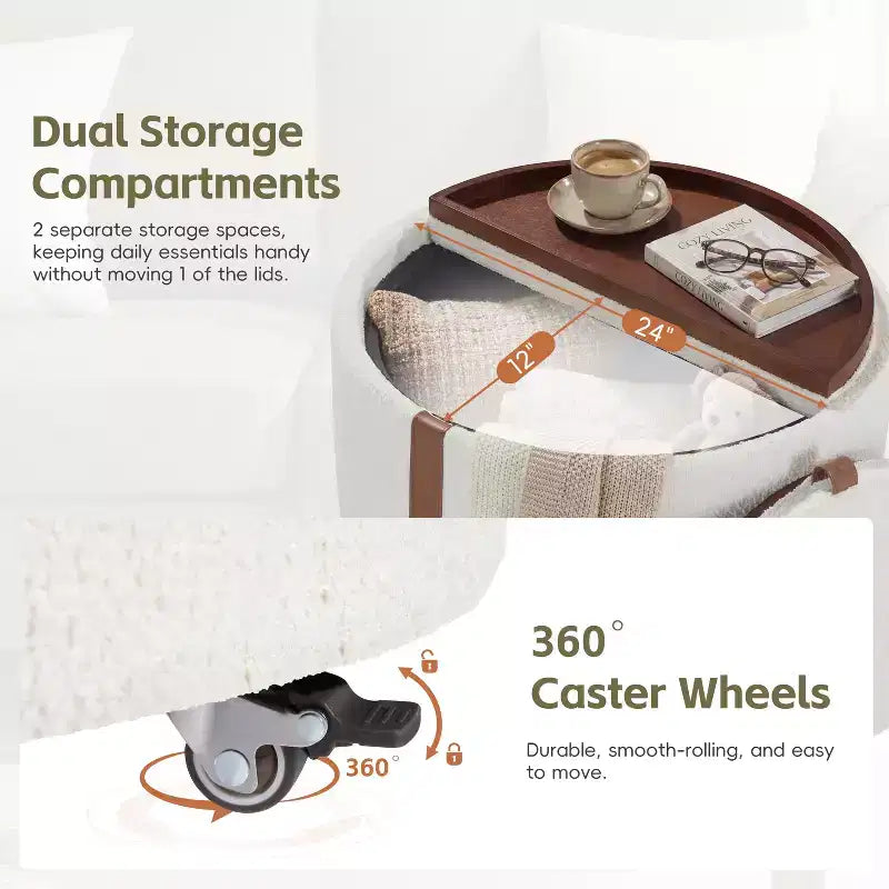 GDFStudio Bennett Ottoman de rangement rond moderne et contemporain en bois rembourré avec roulettes et couvercles-plateaux réversibles