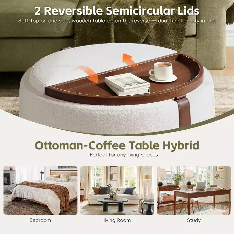 GDFStudio Bennett Ottoman de rangement rond moderne et contemporain en bois rembourré avec roulettes et couvercles-plateaux réversibles