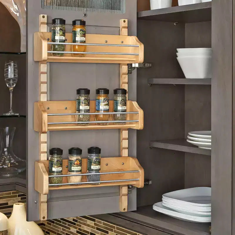 Organisateur de rangement mural coulissant Rev-A-Shelf pour armoires de cuisine, étagère à épices coulissante à fixation de porte avec 3 tablettes réglables, bois d'érable, 4ASR-15