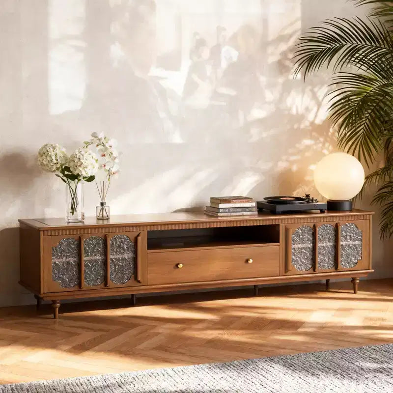 Meuble TV Luck Live Farmhouse 78,74 avec grands tiroirs et étagères amovibles – Poignées en métal et pieds en bois massif, meuble de rangement multimédia pour salon