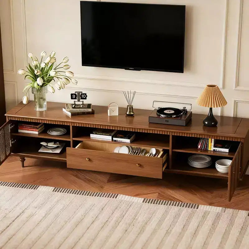 Meuble TV Luck Live Farmhouse 78,74 avec grands tiroirs et étagères amovibles – Poignées en métal et pieds en bois massif, meuble de rangement multimédia pour salon