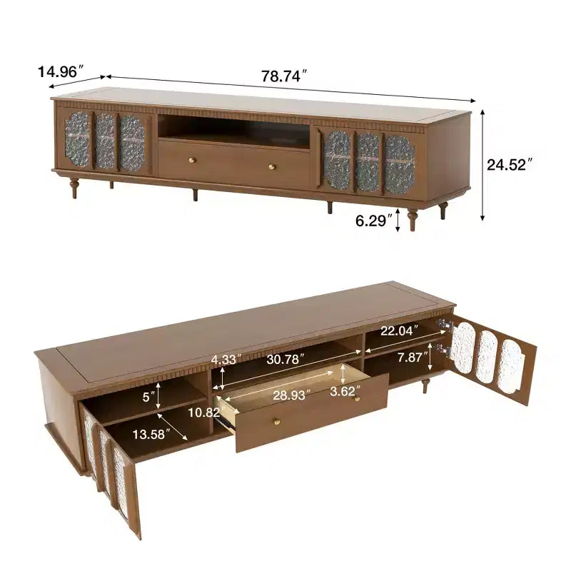 Meuble TV Luck Live Farmhouse 78,74 avec grands tiroirs et étagères amovibles – Poignées en métal et pieds en bois massif, meuble de rangement multimédia pour salon