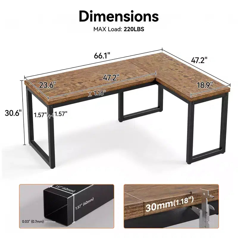 Dyonery Bureau d'angle en L de 167 cm, plateau extra-épais de 3 cm, cadre métallique robuste, poste de travail pour bureau à domicile, jeux ou écriture, Marron rustique