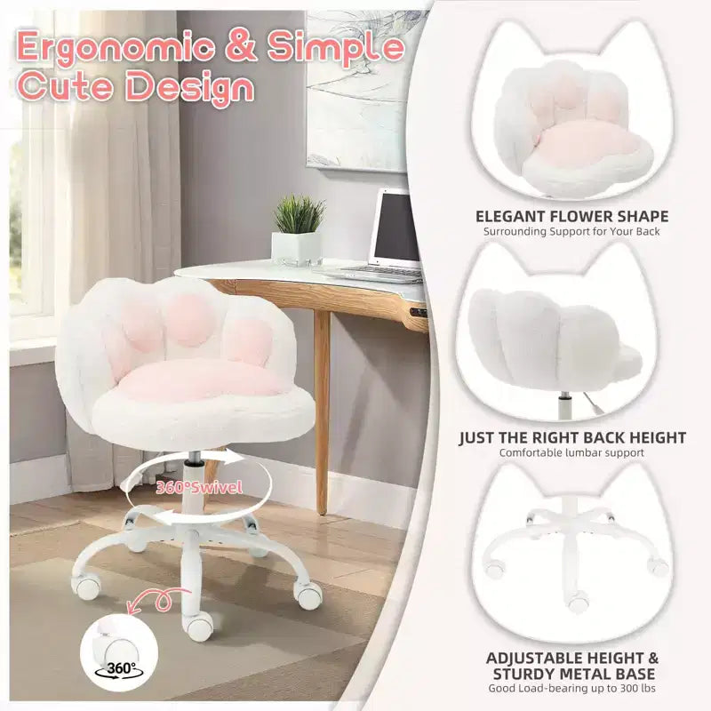 Chaise de coiffeuse avec dossier en forme de chat, chaise pivotante réglable en hauteur, jolie chaise de bureau à roulettes en tissu nounours pour chambre à coucher ou bureau