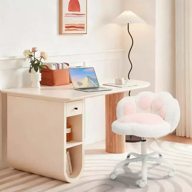 Chaise de coiffeuse avec dossier en forme de chat, chaise pivotante réglable en hauteur, jolie chaise de bureau à roulettes en tissu nounours pour chambre à coucher ou bureau