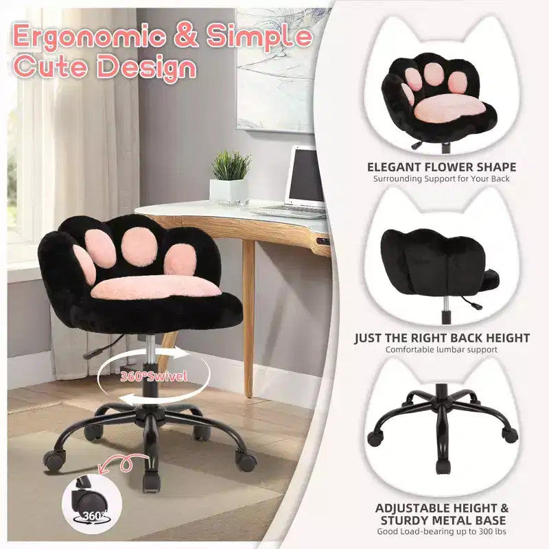 Chaise de coiffeuse avec dossier en forme de chat, chaise pivotante réglable en hauteur, jolie chaise de bureau à roulettes en tissu nounours pour chambre à coucher ou bureau