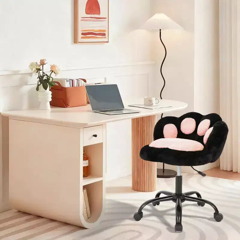 Chaise de coiffeuse avec dossier en forme de chat, chaise pivotante réglable en hauteur, jolie chaise de bureau à roulettes en tissu nounours pour chambre à coucher ou bureau
