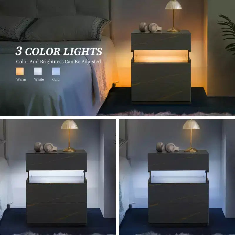 Table de Chevet à 3 Tiroirs avec Lumière LED pour Chambre à Coucher ou Salon