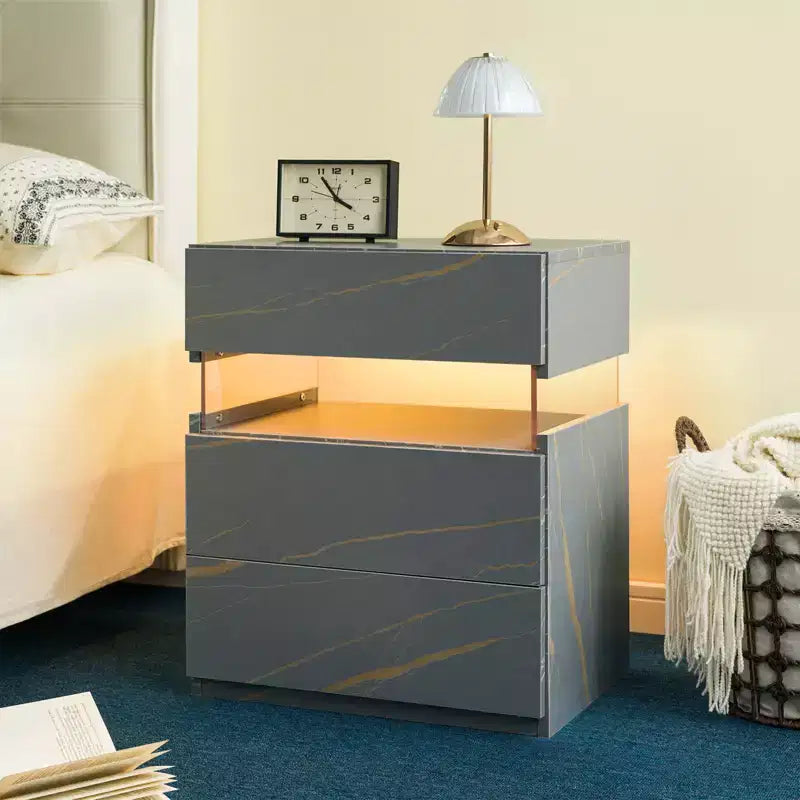 Table de Chevet à 3 Tiroirs avec Lumière LED pour Chambre à Coucher ou Salon