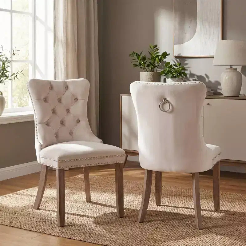 FurnitureR Set of 2 Upholstered Dining Chairs with Tufted Back, Nailhead Trim & Wooden Legs, French Cream Accent Chairs for Dining Room Living Room