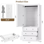 Armoire/penderie haute blanche de 176,5 cm avec tiroirs et portes à persiennes, grand placard de rangement en bois pour vêtements avec tringle pour chambre à coucher