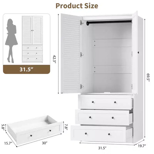 Armoire/penderie haute blanche de 176,5 cm avec tiroirs et portes à persiennes, grand placard de rangement en bois pour vêtements avec tringle pour chambre à coucher