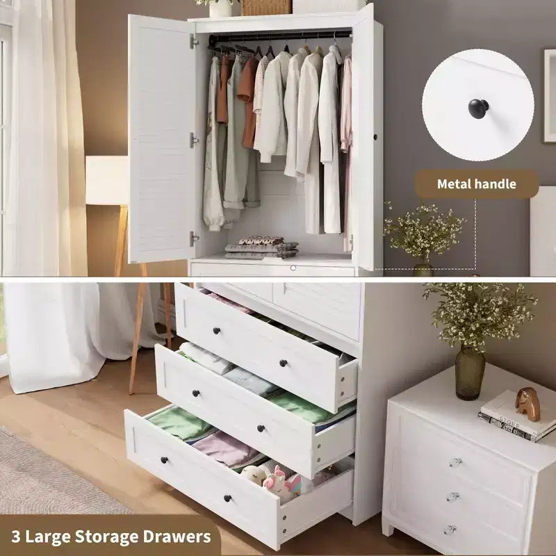 Armoire/penderie haute blanche de 176,5 cm avec tiroirs et portes à persiennes, grand placard de rangement en bois pour vêtements avec tringle pour chambre à coucher