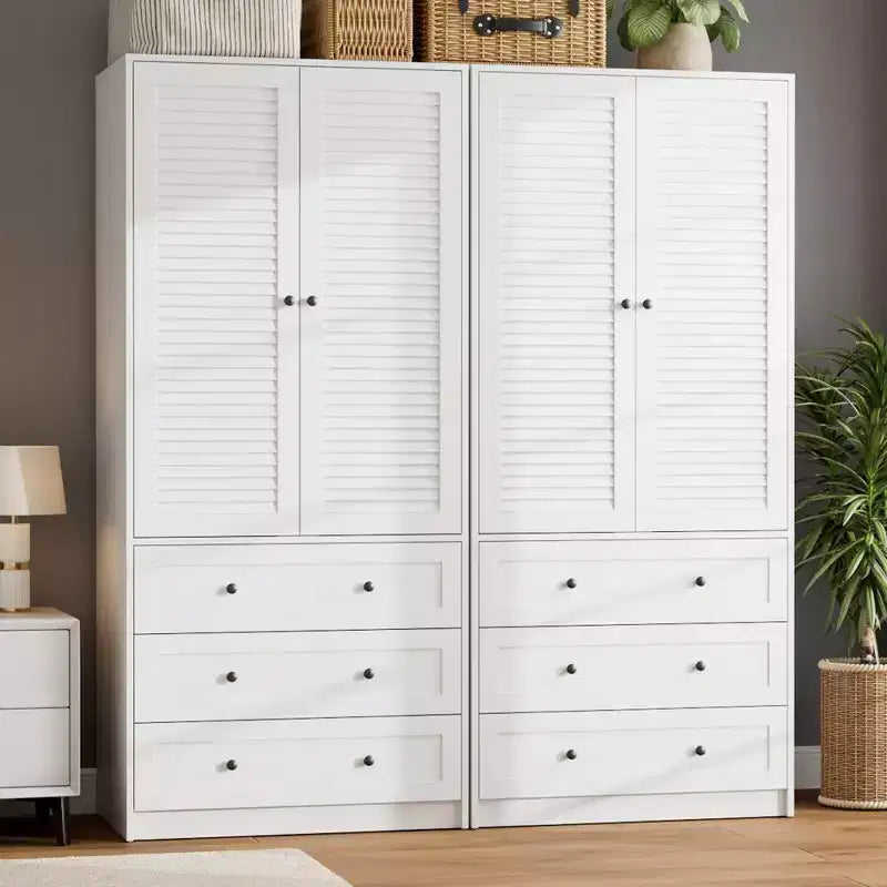 Armoire/penderie haute blanche de 176,5 cm avec tiroirs et portes à persiennes, grand placard de rangement en bois pour vêtements avec tringle pour chambre à coucher