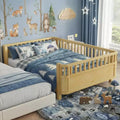 JVNOXK Full Size Wood Platform Bed for Kids, Low Profile Natural Wooden Bed with Safety Rails for Boys & Girls