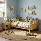 JVNOXK Lit Plateforme en Bois Taille Standard pour Enfants, Lit en Bois Naturel à Profil Bas avec Barrières de Sécurité pour Garçons et Filles