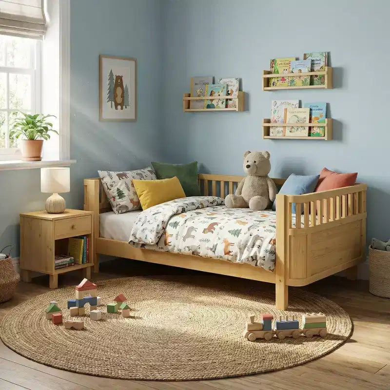 JVNOXK Lit Plateforme en Bois Taille Standard pour Enfants, Lit en Bois Naturel à Profil Bas avec Barrières de Sécurité pour Garçons et Filles