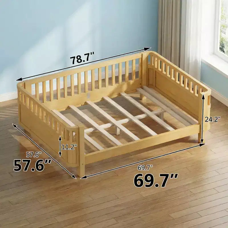 JVNOXK Lit Plateforme en Bois Taille Standard pour Enfants, Lit en Bois Naturel à Profil Bas avec Barrières de Sécurité pour Garçons et Filles