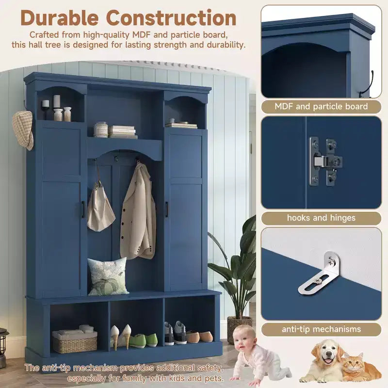 Porte-manteau d'entrée tout-en-un moderne avec étagères réglables, banc de rangement de style ferme avec 7 crochets et armoires latérales, organisateur d'entrée - ModernLuxe