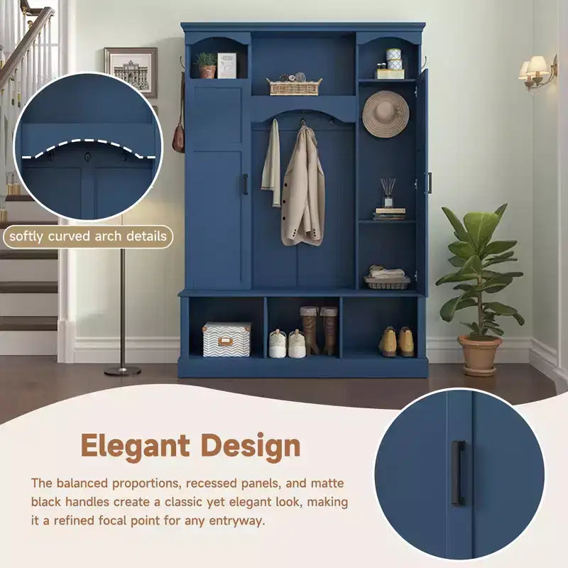 Porte-manteau d'entrée tout-en-un moderne avec étagères réglables, banc de rangement de style ferme avec 7 crochets et armoires latérales, organisateur d'entrée - ModernLuxe
