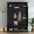 Porte-manteau d'entrée tout-en-un moderne avec étagères réglables, banc de rangement de style ferme avec 7 crochets et armoires latérales, organisateur d'entrée - ModernLuxe
