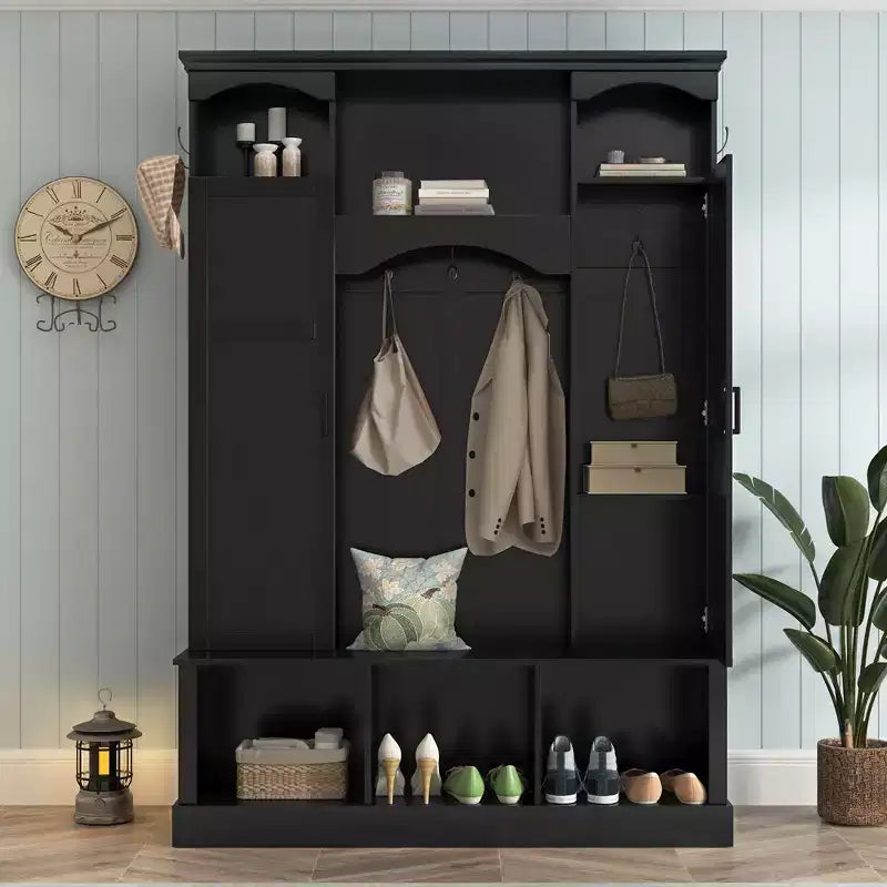 Porte-manteau d'entrée tout-en-un moderne avec étagères réglables, banc de rangement de style ferme avec 7 crochets et armoires latérales, organisateur d'entrée - ModernLuxe