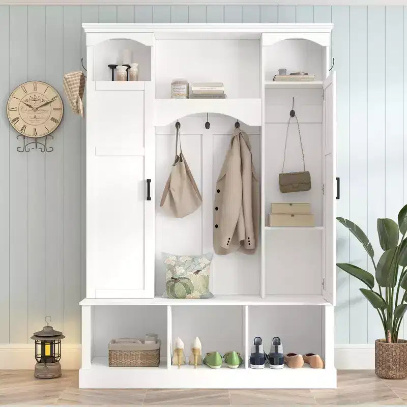 Porte-manteau d'entrée tout-en-un moderne avec étagères réglables, banc de rangement de style ferme avec 7 crochets et armoires latérales, organisateur d'entrée - ModernLuxe