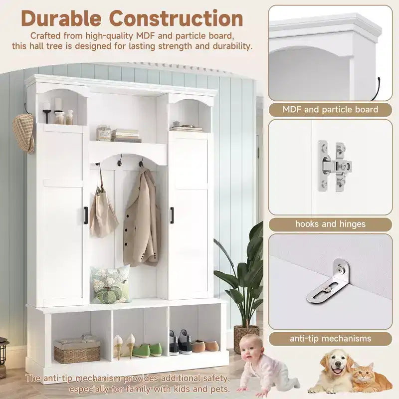 Porte-manteau d'entrée tout-en-un moderne avec étagères réglables, banc de rangement de style ferme avec 7 crochets et armoires latérales, organisateur d'entrée - ModernLuxe