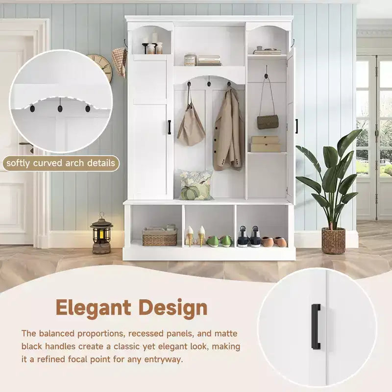 Porte-manteau d'entrée tout-en-un moderne avec étagères réglables, banc de rangement de style ferme avec 7 crochets et armoires latérales, organisateur d'entrée - ModernLuxe