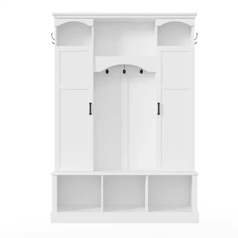 Porte-manteau d'entrée tout-en-un moderne avec étagères réglables, banc de rangement de style ferme avec 7 crochets et armoires latérales, organisateur d'entrée - ModernLuxe