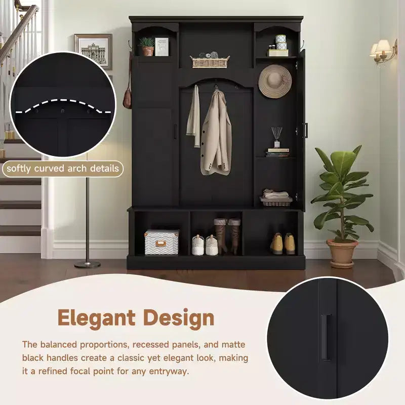 Porte-manteau d'entrée tout-en-un moderne avec étagères réglables, banc de rangement de style ferme avec 7 crochets et armoires latérales, organisateur d'entrée - ModernLuxe
