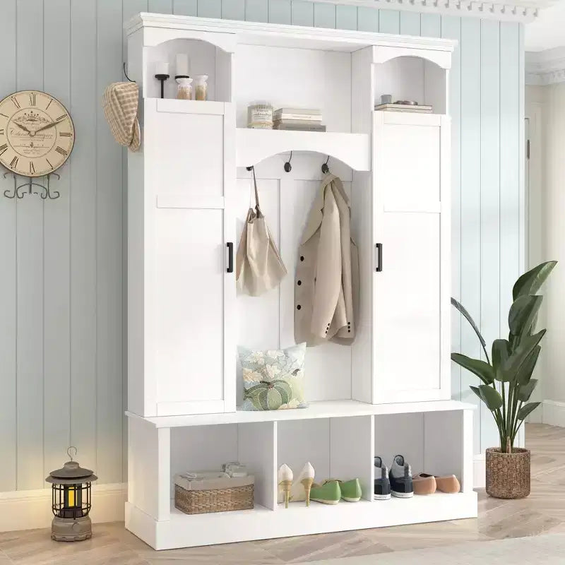 Porte-manteau d'entrée tout-en-un moderne avec étagères réglables, banc de rangement de style ferme avec 7 crochets et armoires latérales, organisateur d'entrée - ModernLuxe