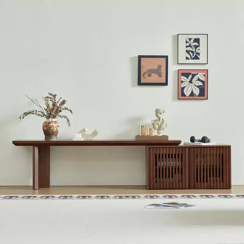 JVNOXK Meuble TV extensible de 153 à 214 cm pour téléviseurs jusqu'à 55 pouces, meuble TV moderne, centre de divertissement avec rangement, pour salon, chambre, noyer