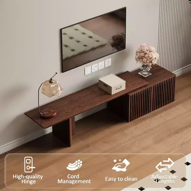 JVNOXK Meuble TV extensible de 153 à 214 cm pour téléviseurs jusqu'à 55 pouces, meuble TV moderne, centre de divertissement avec rangement, pour salon, chambre, noyer